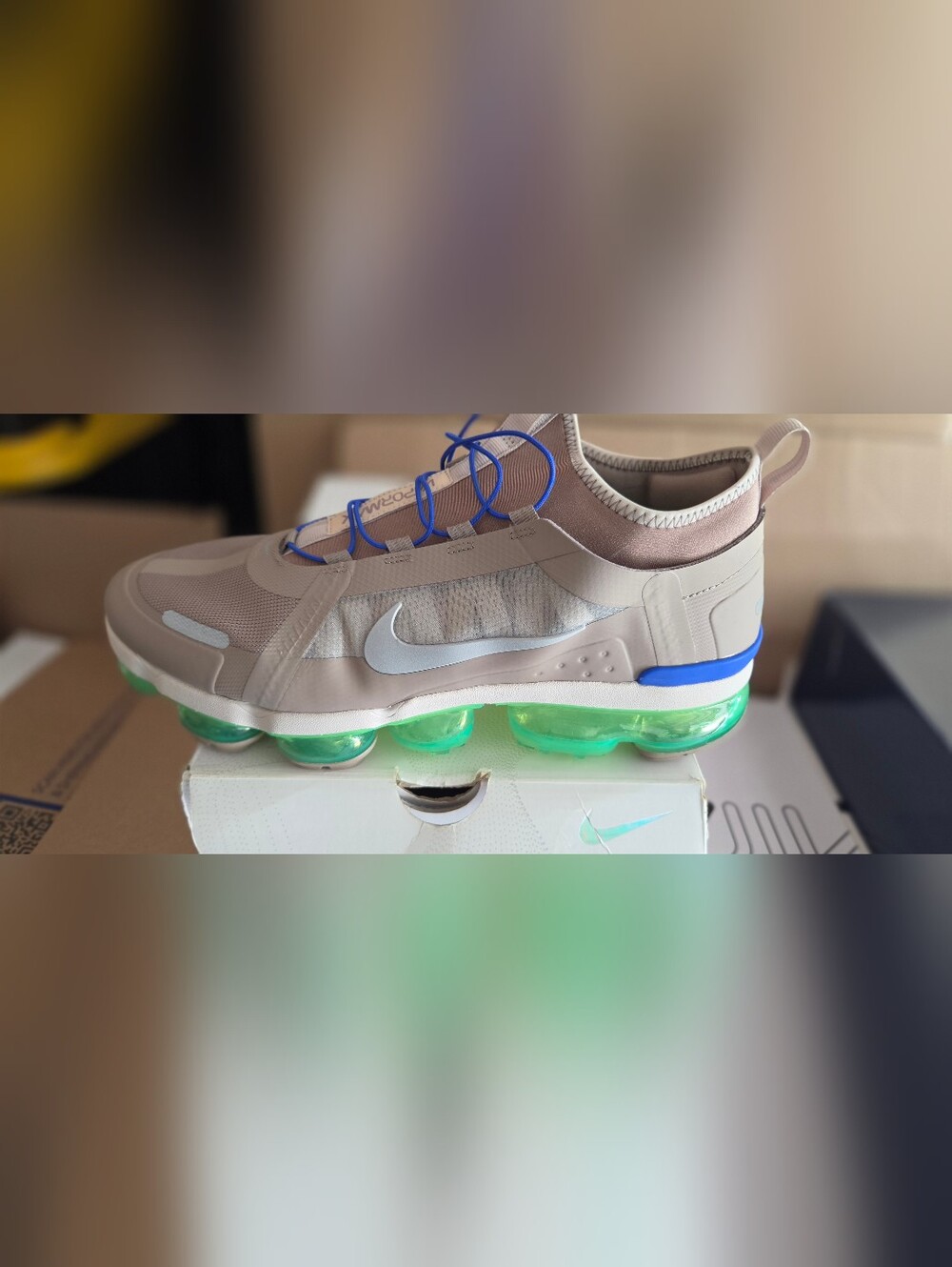 Nike Air VaporMax Style Sneakers in Taupe with Neon Green Sole - Picture 2 of 5